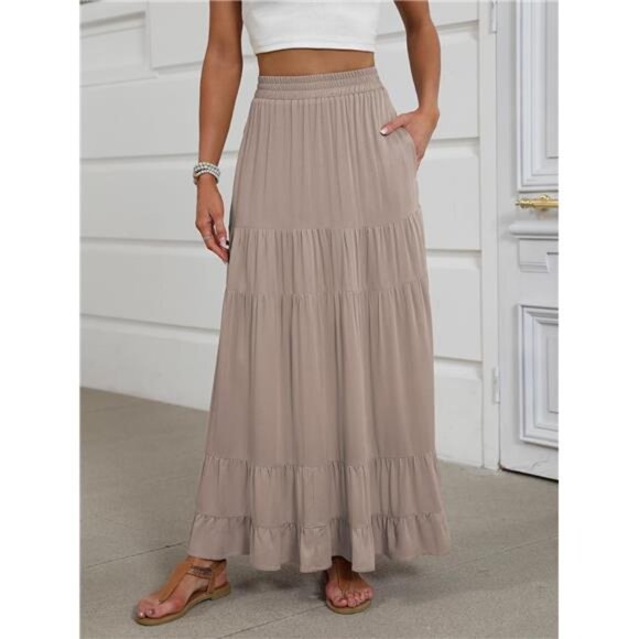 Womens Maxi Skirt High Waist Tiered A Line Flowy Pleated Boho Beach Vacation - Picture 2 of 7